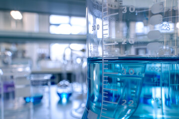 A close-up of a crystal clear beaker filled with a vibrant blue liquid, with precise measurements marked along the side, set against a modern laboratory backdrop.
