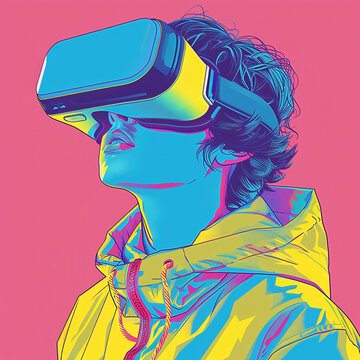 Colorful isotype illustration of a teenage boy wearing VR virtual reality gaming headsets in pink, blue and yellow.