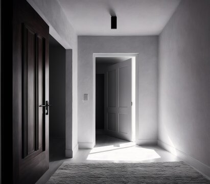 A white hallway with a white carpet on the floor and white walls.