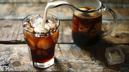 A glass of cold brew coffee with ice, next to a small pitcher of cream, on a rustic wooden table. 