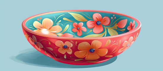 A creative arts red flowerthemed bowl made from natural materials, serving as dishware or tableware, with vibrant orange flowers painted on the blue background