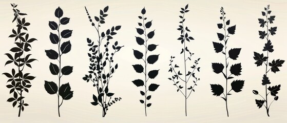 An outline technique modern illustration of several silhouette branches with leaves on white background.
