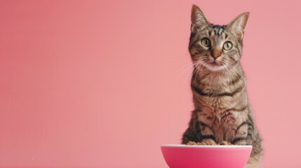 Cat sits near food bowl wallpaper background