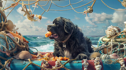 A Newfoundland dog aboard a nautical-themed float, enjoying a seafood-based dog treat amidst...