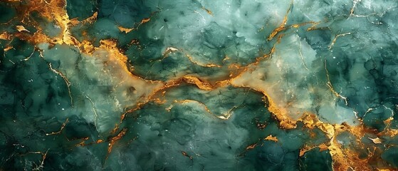 Drawing watercolor on paper. Green paint spilled. Golden shiny veins and cracked marble texture. Elegant luxury wallpaper for design, print, and invitations. - obrazy, fototapety, plakaty