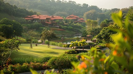 A corporate retreat in a tranquil countryside setting, where business leaders engage in team-building activities and strategic planning sessions amidst lush greenery and serene natural surroundings. - obrazy, fototapety, plakaty