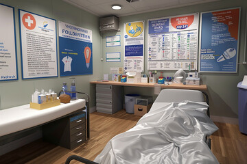 A realistic image of a school nurse's office, with a bed, a desk with medical supplies, and informative health posters on the walls.
