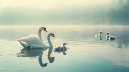 A family of graceful swans, gliding serenely across the tranquil surface of a glassy lake, their elegant necks arched in regal splendor. - obrazy, fototapety, plakaty