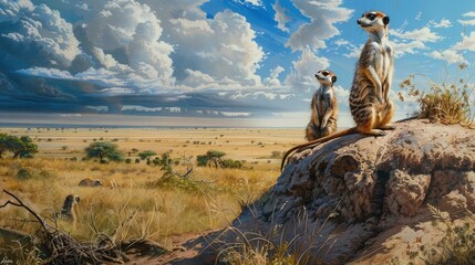 A family of meerkats, standing guard over their burrow with vigilant eyes as they watch for signs of danger on the vast African savanna. - obrazy, fototapety, plakaty