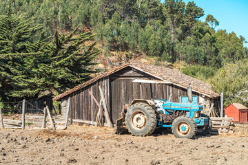 Old blue farm tractor with a barn behind and a red cellar with trees as background at cobquecura in...