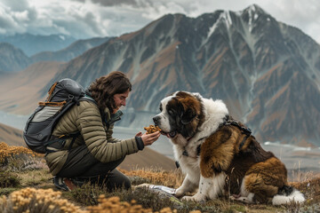 A St. Bernard in the mountains, sharing a heartwarming moment with a hiker, both enjoying dog-safe...