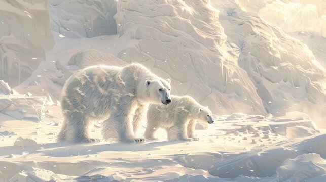 A family of polar bears, their fluffy white coats camouflaged against the snowy landscape of the Arctic tundra.
