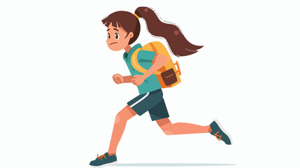 Fototapeta na wymiar Cartoon school girl with backpack running flat vector