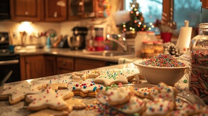 Naklejka na ściany i meble A festive holiday baking session in a cozy kitchen, with families and friends gathered around a countertop adorned with cookie cutters, sprinkles, and icing, creating delicious treats and cherished me