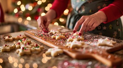 A festive holiday baking session in a cozy kitchen, with families and friends gathered around a countertop adorned with cookie cutters, sprinkles, and icing, creating delicious treats and cherished me