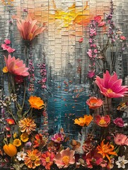 Dive into the creation of fictional realms shaped by ecological restoration efforts.clippings, decoupage, screen print, popart, contemporary art