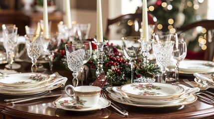 A festive holiday dinner table set with fine china, crystal glassware, and elegant centerpieces, adorned with twinkling candles and seasonal decorations, ready to welcome guests for a memorable holida - obrazy, fototapety, plakaty