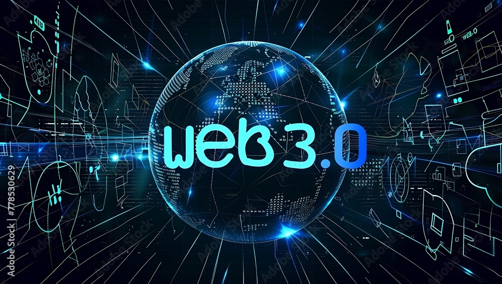 Poster web 3.0 typography with 3d hologram globe, web 3.0 copy space text, vector illustration. metaverse, 