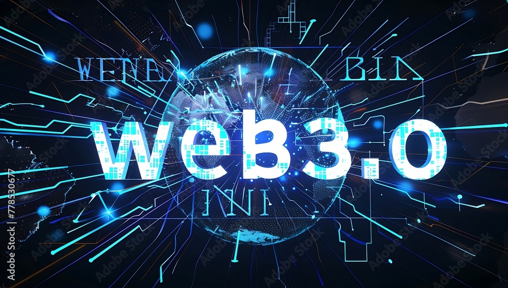 Poster web 3.0 typography with 3d hologram globe, web 3.0 copy space text, vector illustration. metaverse, 