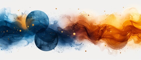 A modern illustration with watercolor circles, stains, gold lines, powder, brush strokes. Blue, brown transparent circles to be used for wall pictures, logos, or covers. - obrazy, fototapety, plakaty