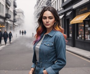 A woman standing on the sidewalk in front of a row of shops.