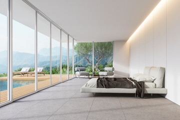 Minimal contemporary loft style bedroom with swimming pool and mountain view 3d render, Concrete tile floor and white walls, Decorated with modern furniture