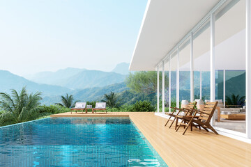 Minimal style luxury pool villa exterior with mountain view 3d render, Wooden floor terrace and blue tile swimming pool, Decorated with modern wooden outdoor furniture.