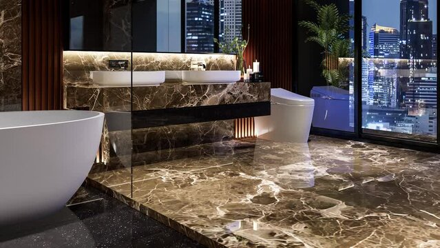 Animation of modern style luxury black bathroom with glossy marble stone 3d render large window with night time beautiful city view