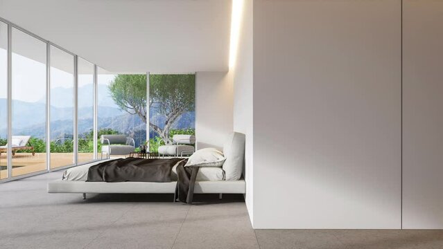Animation of minimal contemporary loft style bedroom with swimming pool and mountain view 3d render, Concrete tile floor and white walls, Decorated with modern furniture