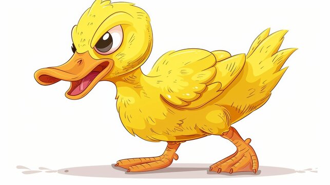 A brightly colored illustration of a happy yellow duckling walking with a cheery expression, perfect for children's content
