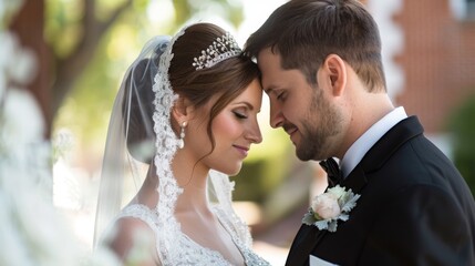 Groom and bride wedding on church wallpaper background