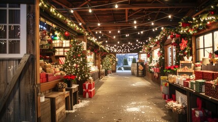 A festive holiday market illuminated by colorful lights and bustling with activity, with vendors selling artisanal crafts, seasonal treats, and mulled wine to cheerful visitors enjoying the festive at