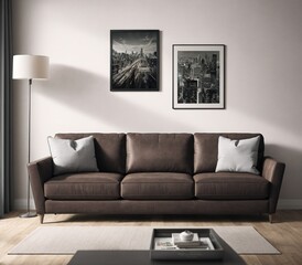 A living room with a brown leather couch, a coffee table, and a lamp on a side table.