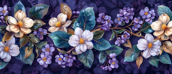 This seamless pattern features a floral motif on a purple background. It features a garden white, a lilac flower, a leaf, and a eucalyptus plant. Botanic tile. - obrazy, fototapety, plakaty