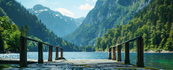 lake in mountains with wooden pier - obrazy, fototapety, plakaty