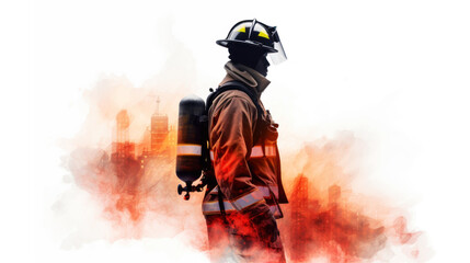 Double-exposure photo of a firefighter and a city on fire on a background with spaces for copying. Generative AI