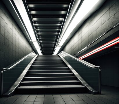 An empty subway station with a staircase leading up to the platform.