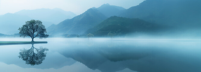 風のない静かな朝、もやに包まれる湖と立ち木の風景 - obrazy, fototapety, plakaty