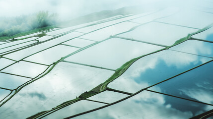 霧に包まれた棚田には白い雲と青空が反射している。 - obrazy, fototapety, plakaty