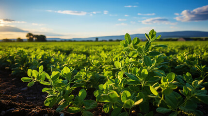 Fototapeta na wymiar Green ripening soybean field, agricultural landscape. Generative AI