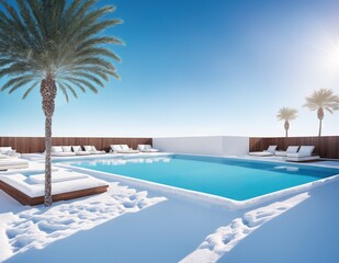 A swimming pool surrounded by lounge chairs and palm trees in the snow.