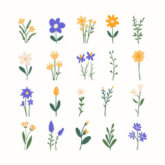 Vector set of spring Easter flowers in flat style isolated on white background.