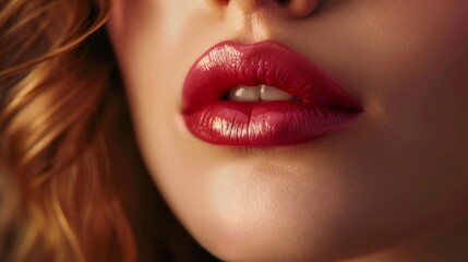 Fototapeta premium Lipstick on woman lips close up make up wallpaper background