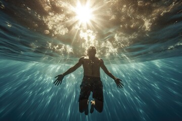 Man floating in sunlit underwater