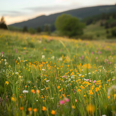 Colorful Spring Meadow with Wildflowers and Mountain Backdrop