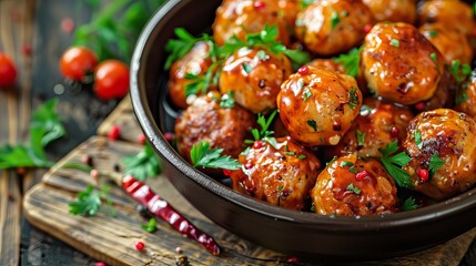 Chicken meatballs with glaze, featuring selective focus and presented in a rustic style. - obrazy, fototapety, plakaty
