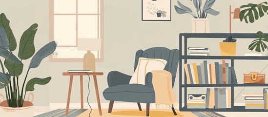 This living room is furnished with a chair, bookshelf, table, and plants. The interior design features wooden furniture, picture frames, and a large window