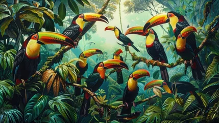 Fotobehang A flock of colorful toucans, their vibrant beaks contrasting against the lush greenery of the tropical rainforest as they flit between branches in search of fruit. © Sardar