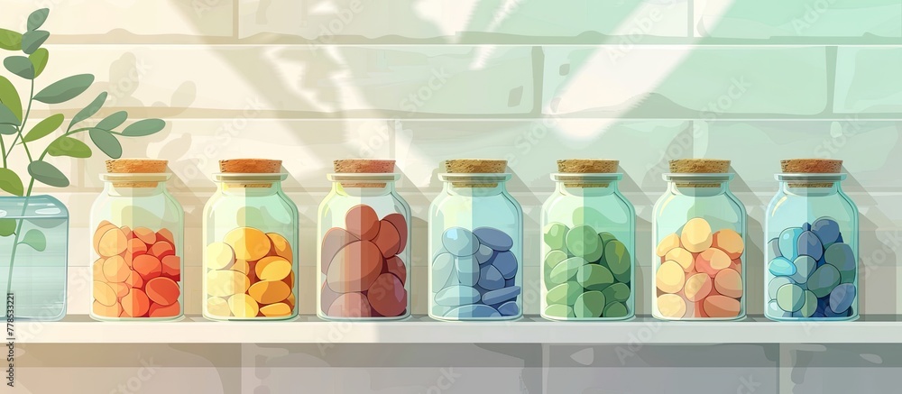 Poster a row of glass bottles filled with various colored liquids are displayed on a shelf, resembling a co
