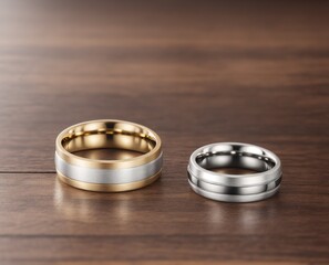 Two wedding rings, one in gold and the other in silver, sitting on a wooden surface.